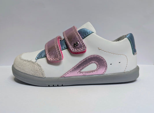 A girls casual shoe by Bobux , style I - Walk Blaze, in white with pink and blue metallic accents and grey sole. Double velcro fastening. Right side view.