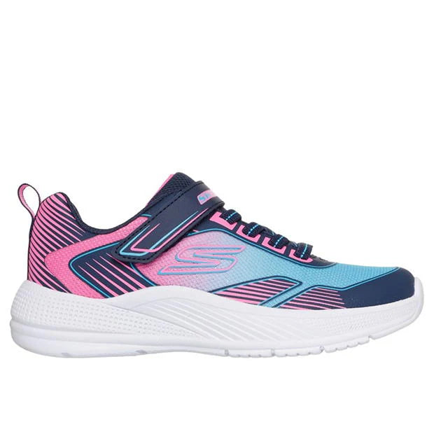 Pink and blue trainer with navy velcro strap and laces by Skechers. Outer side view with Skechers logo
