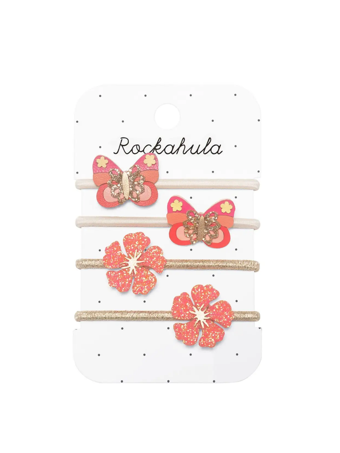 A set of pink butterfly hair bobbles by Rockahula on a white spotty card with logo.