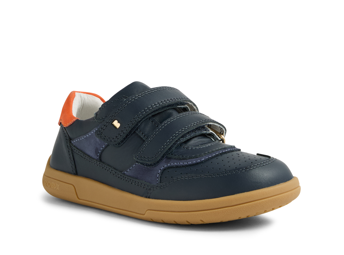 A boys casual shoe by Bobux , style Hunter, in blue and orange with double velcro fastening. Angled right side view.