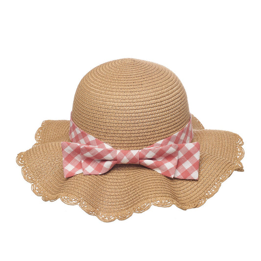 A beige straw sun hat by Rockahula with pink and white gingham bow