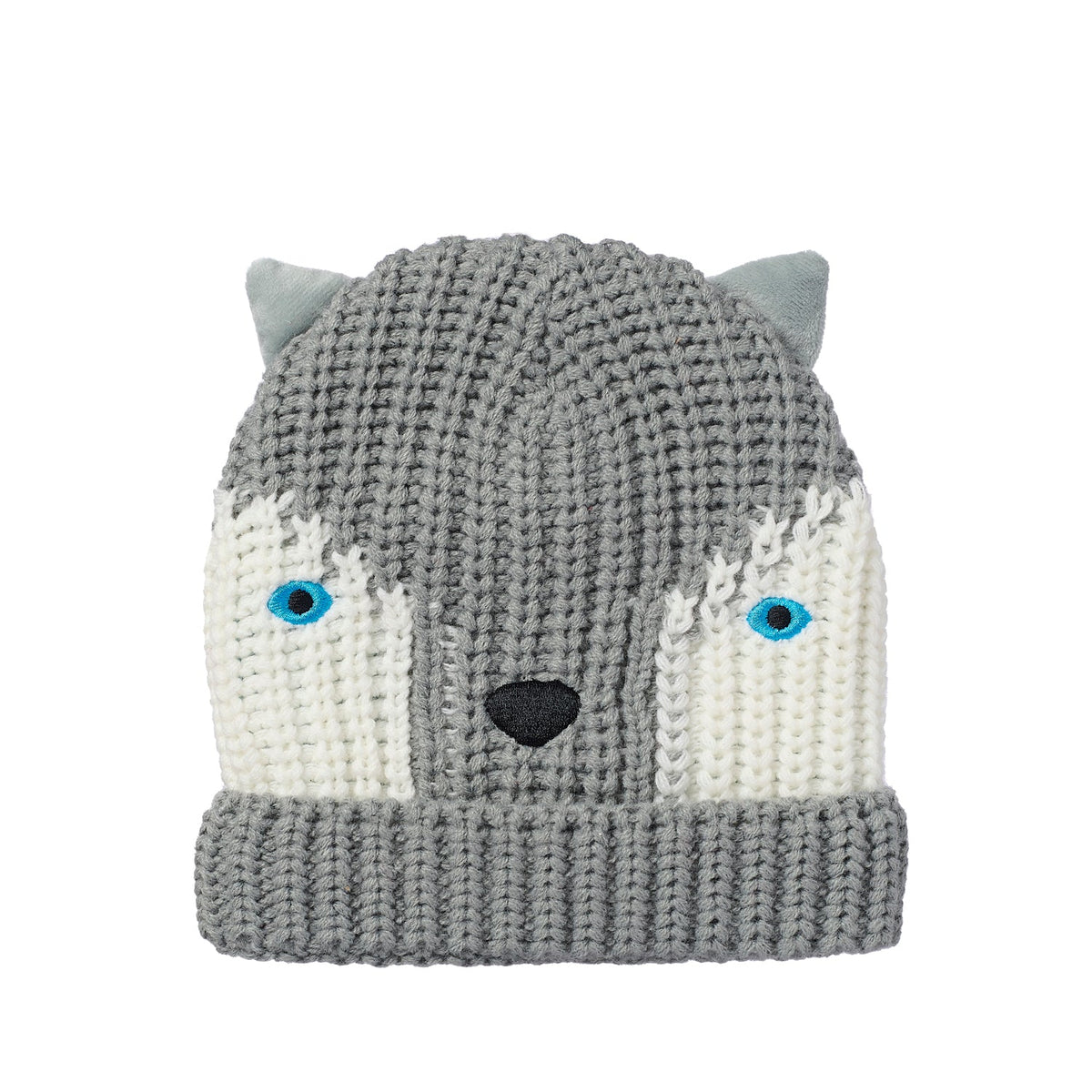 Grey knit hat with husky face design by Rockahula. Front view