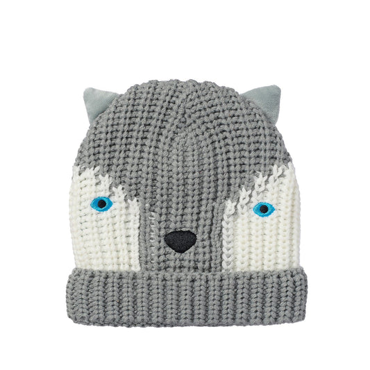 Grey knit hat with husky face design by Rockahula. Front view