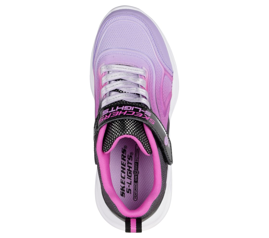 Pink and purple trainer with velcro strap with brand name and laces by Skechers. Top view