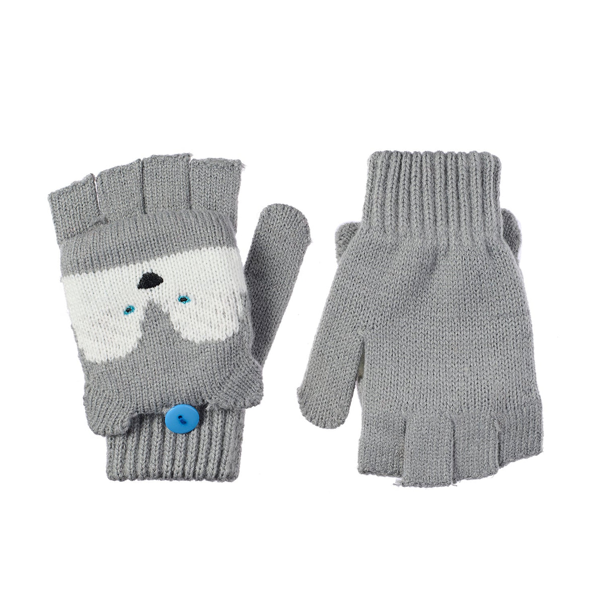 Pair of knitted grey gloves with husky face design by Rockahula. Front and back view shown side by side.