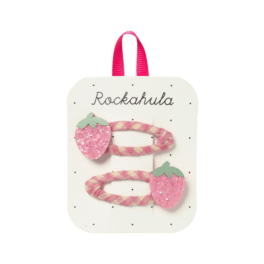 Set of strawberry-themed hair clips by Rockahula on a branded card.