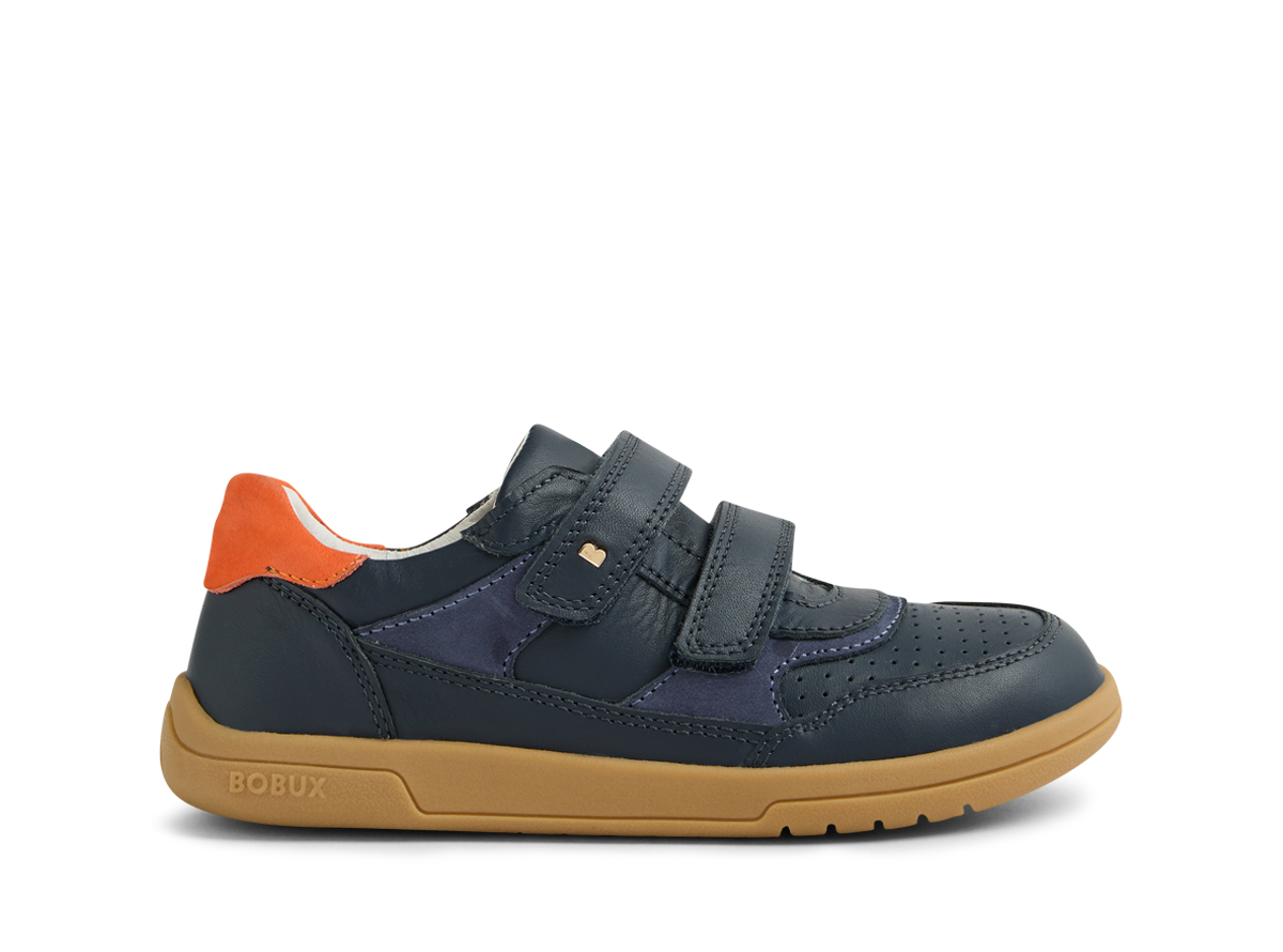 A boys casual shoe by Bobux , style Hunter, in blue and orange with double velcro fastening. Right side view.
