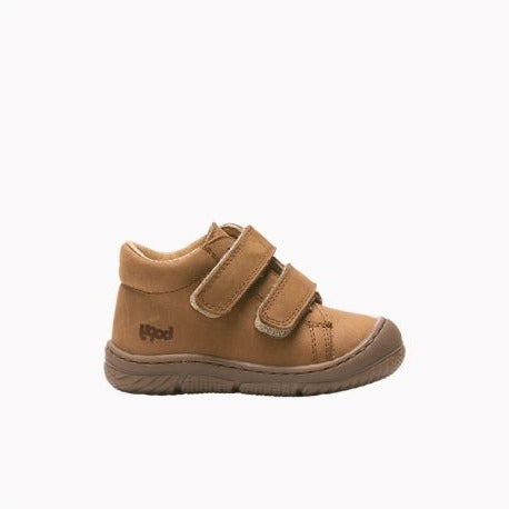 A boys ankle boot by Bopy, style Jameco, in tan nubuck with toe bumper and double velcro fastening. Right side view.