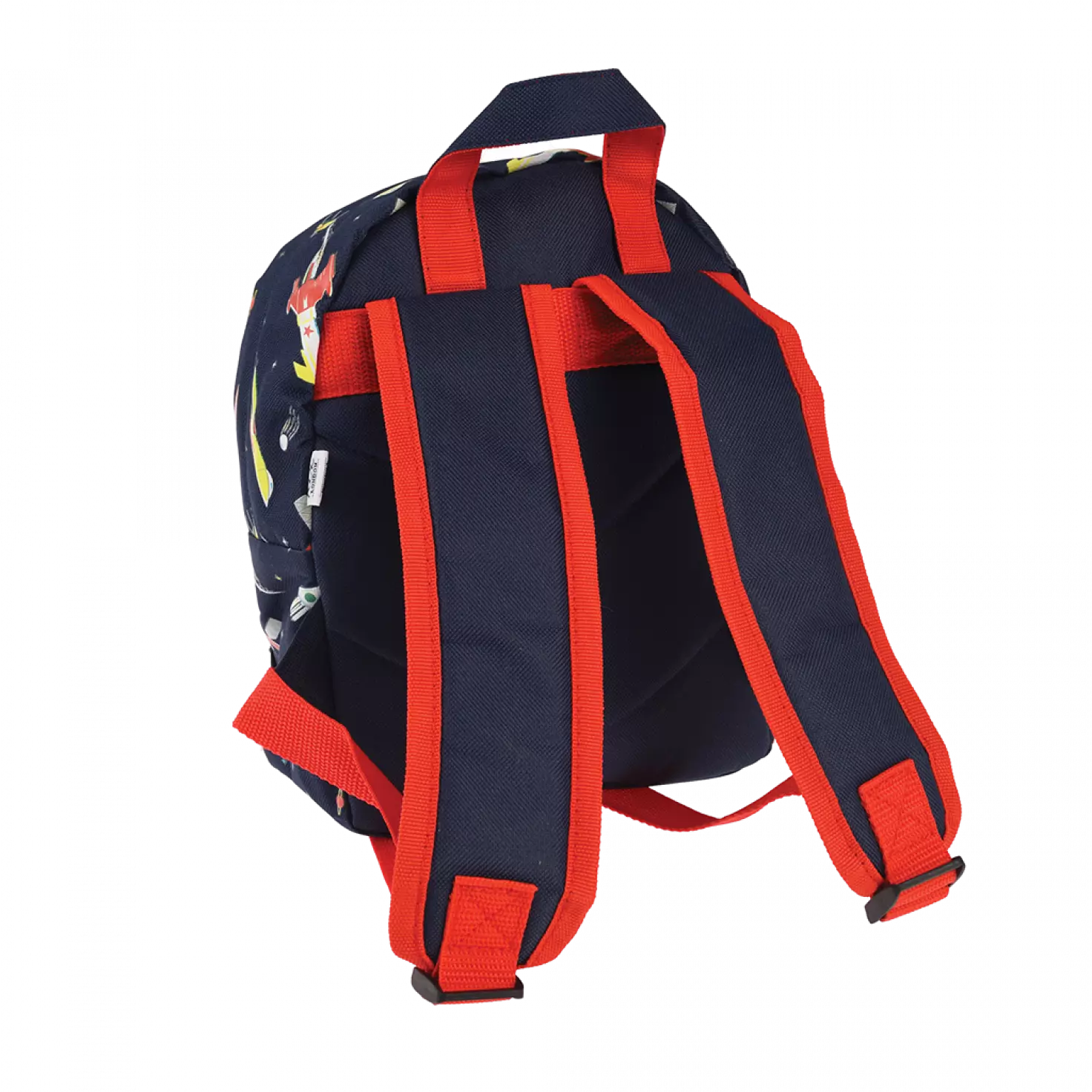 A childs backpack by Rex London, style Space Age, in blue with multi rocket print, two compartments and zip fastenings. Back view of padded straps.