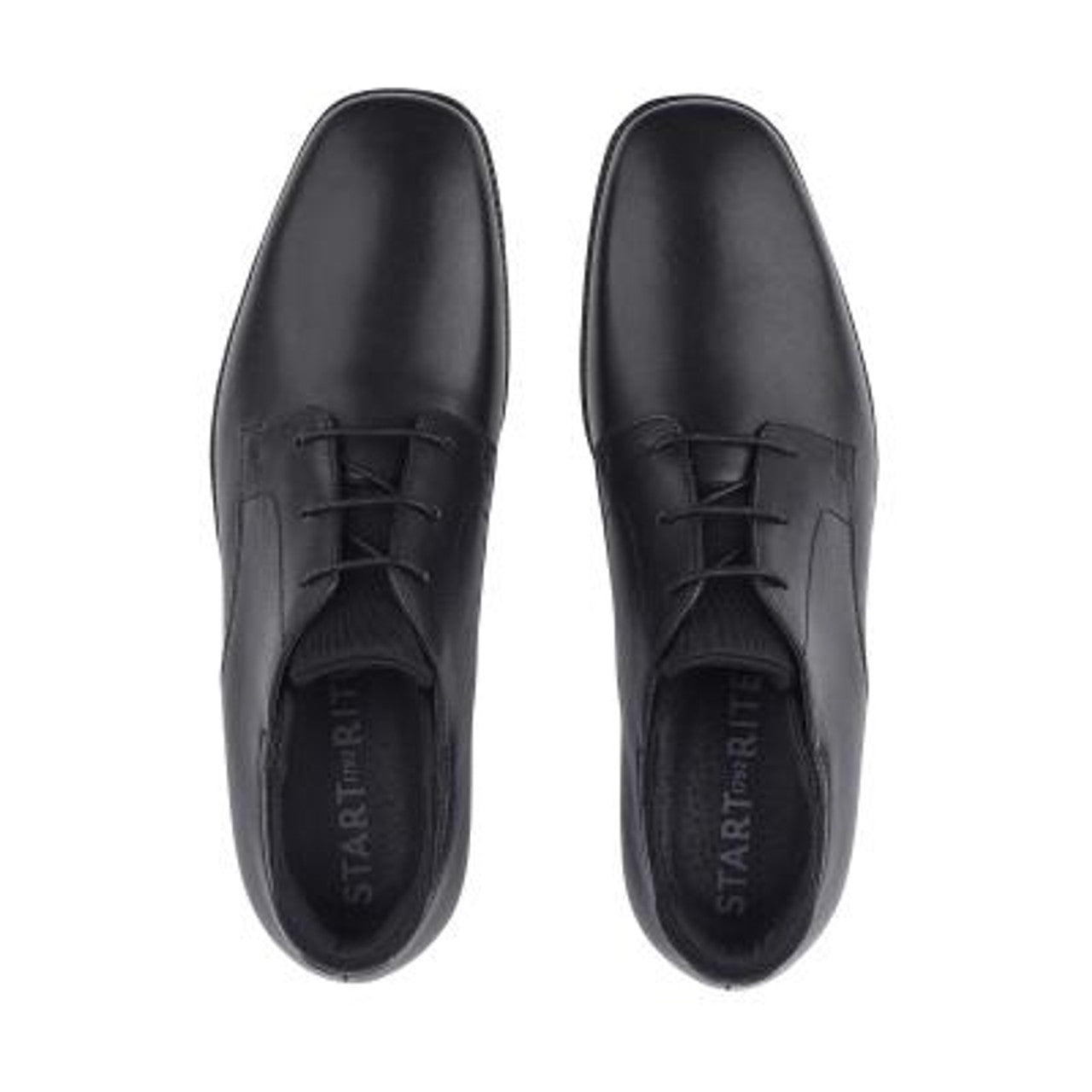 A pair of boys smart school shoes by Start Rite, style Academy, in black leather with lace up fastening. Above view.