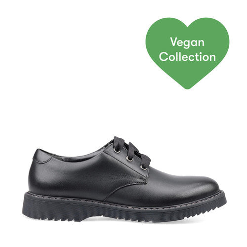 A lace up vegan senior girls school shoe by Start-Rite, style Impact, in black with lace fastening. Right side view.