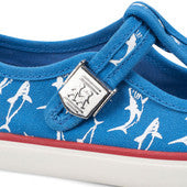 A boys canvas T-Bar shoe by Start Rite, style Surf, in blue with white shark print and buckle fastening. Close up view of buckle.