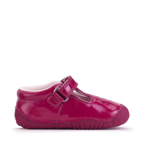 A girls T-bar pre walker by Start-Rite, Style Tumble, with star design and toe bumper, in red with velcro fastening. Left side view.
