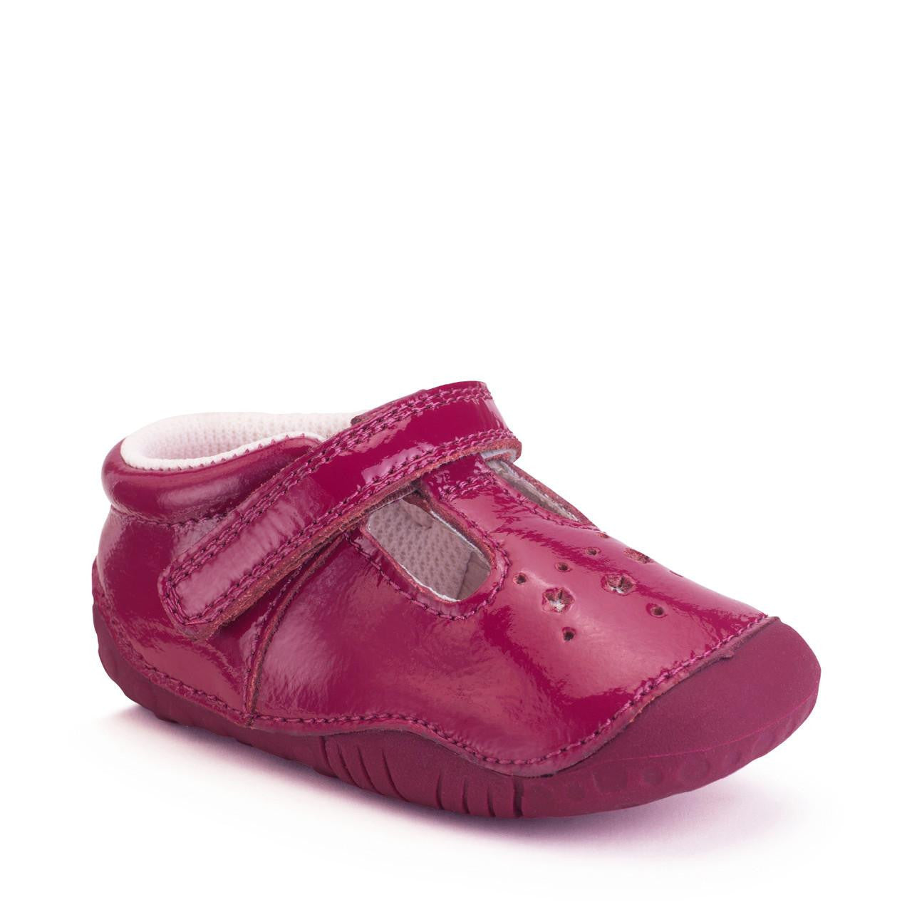 A girls T-bar pre walker by Start-Rite, Style Tumble, with star design and toe bumper, in red with velcro fastening. Angled right side view.