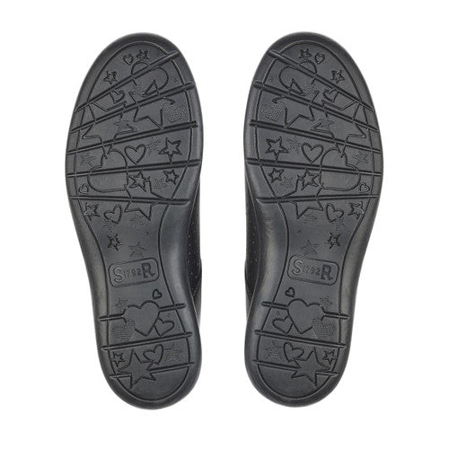 A girls Mary Jane school shoe by Start Rite, style Wish, in black leather with flower motif and velcro fastening. View of sole.