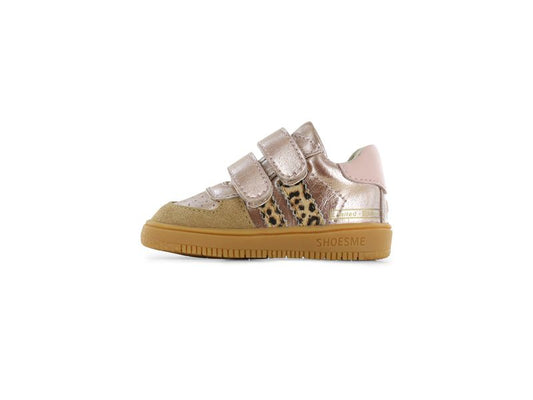 Shoesme Low Top Trainer in rose gold with leopard print stipes, double Velcro strap and a gum sole. Left side view 