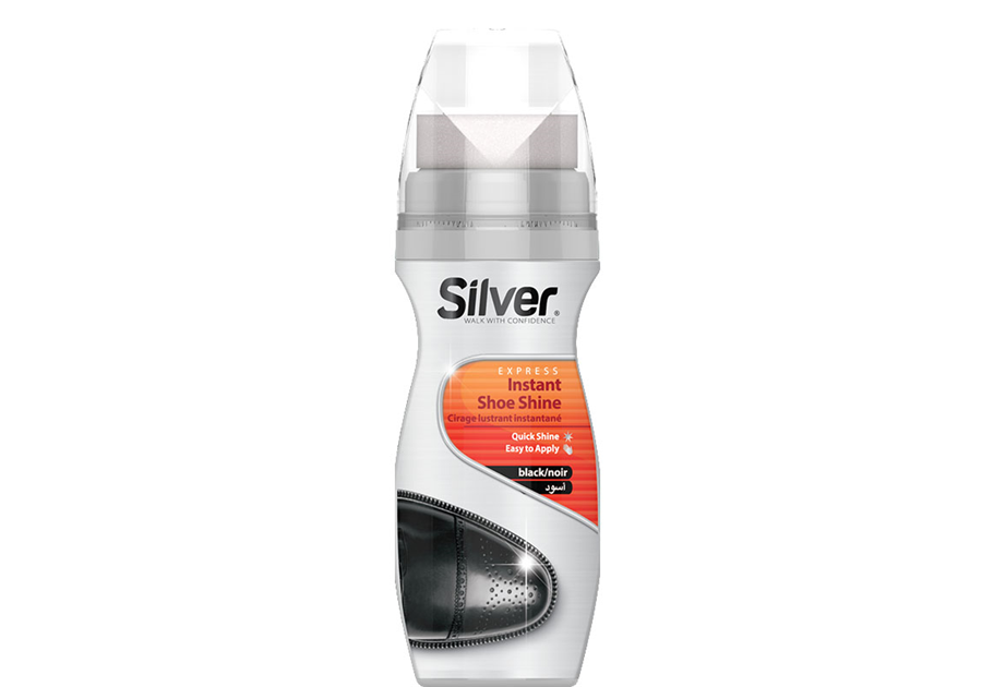 A bottle of Silver liquid shoe shine in black.