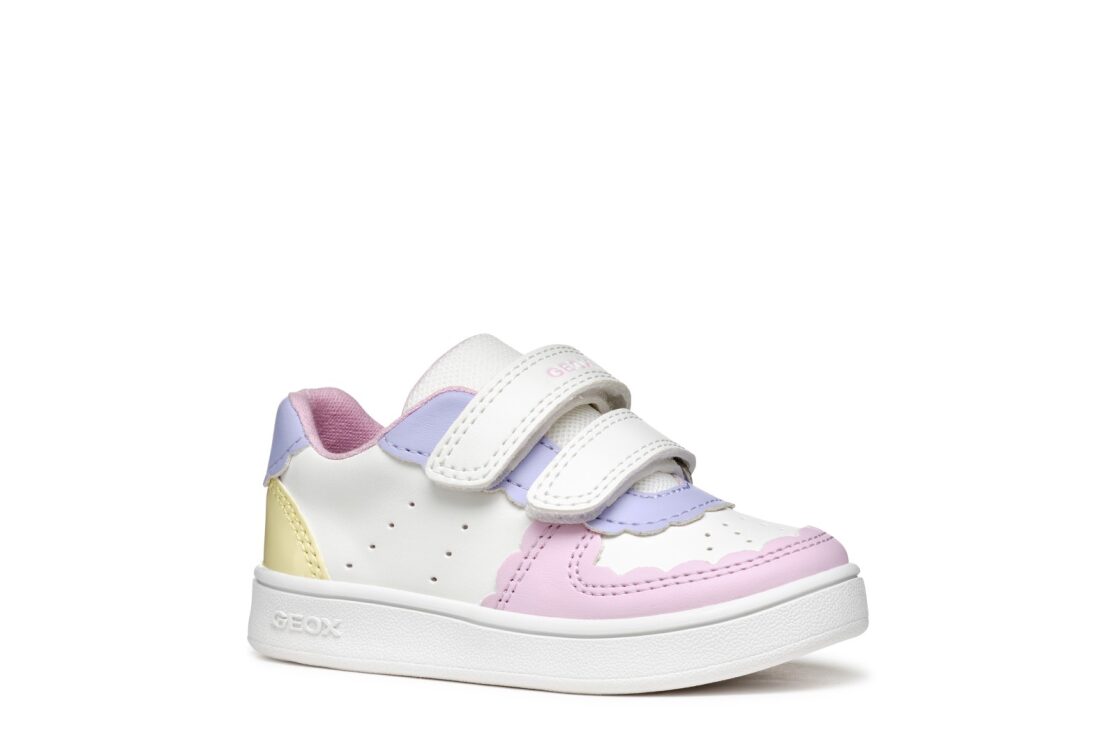 A girls casual shoe by Geox, style B Eclyper in white/ light yellow, with double velcro straps. Right side view.