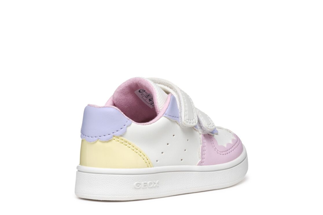A girls casual trainer by Geox, style B Eclyper n white/ light yellow, with double velcro straps. Right rear angled view.