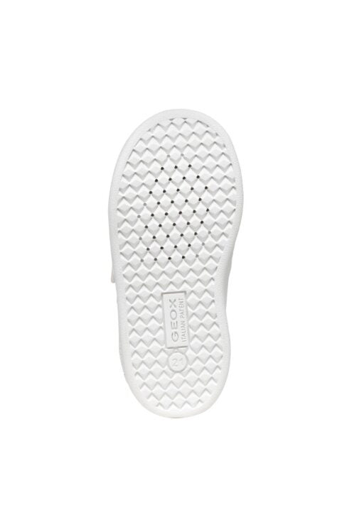 A girls casual shoe by Geox, style B Eclyper in white/ light yellow, with double velcro straps. View of bottom of white sole