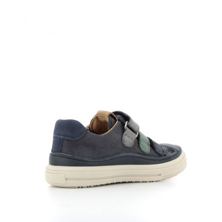 A boys casual trainer by Bopy, style Viggo, in blue leather. three Velcro fastening. Back right angled view.