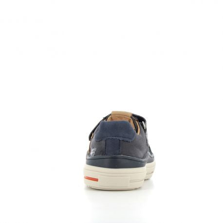 A boys casual trainer by Bopy, style Viggo, in blue leather. three Velcro fastening. Back view.