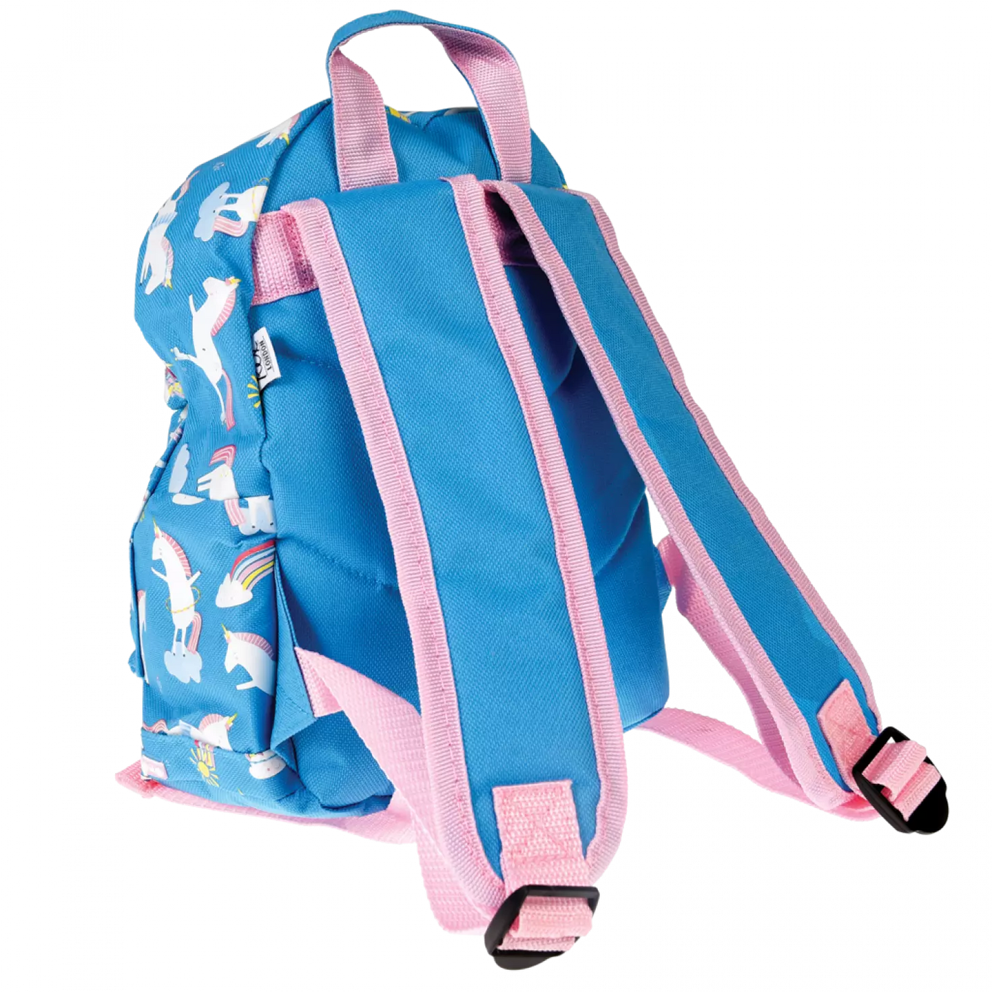 A child's backpack by Rex London, style Magical Unicorn,in blue with white multi unicorn and rainbow print, two compartments and zip fastenings. Left side view of padded straps.