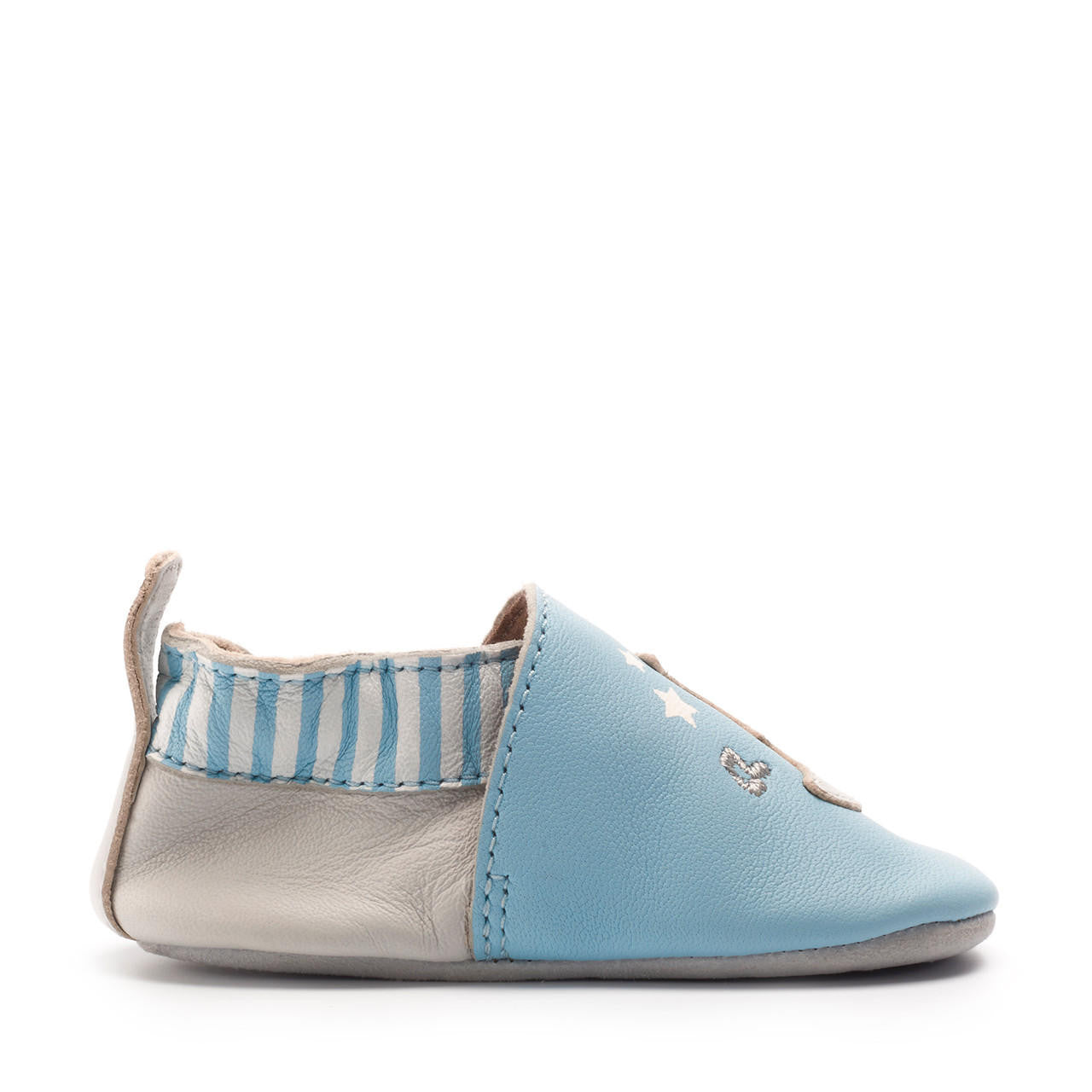 A unisex pram shoe by Start-Rite. Style is fable, a pull on in pale blue leather. Right side view.