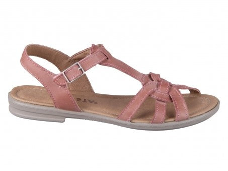 A girls open toe sandal by Ricosta, style Birte, in pink leather with velcro fastening. Right side view.