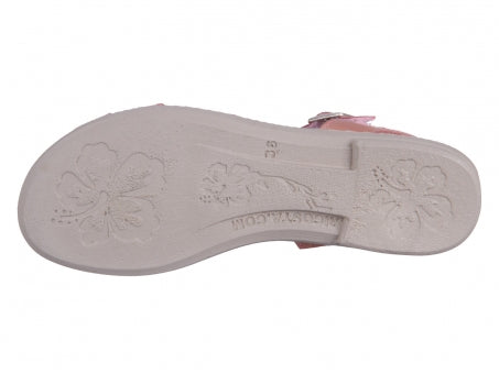 A girls open toe sandal by Ricosta, style Birte, in pink leather with velcro fastening. Sole view.