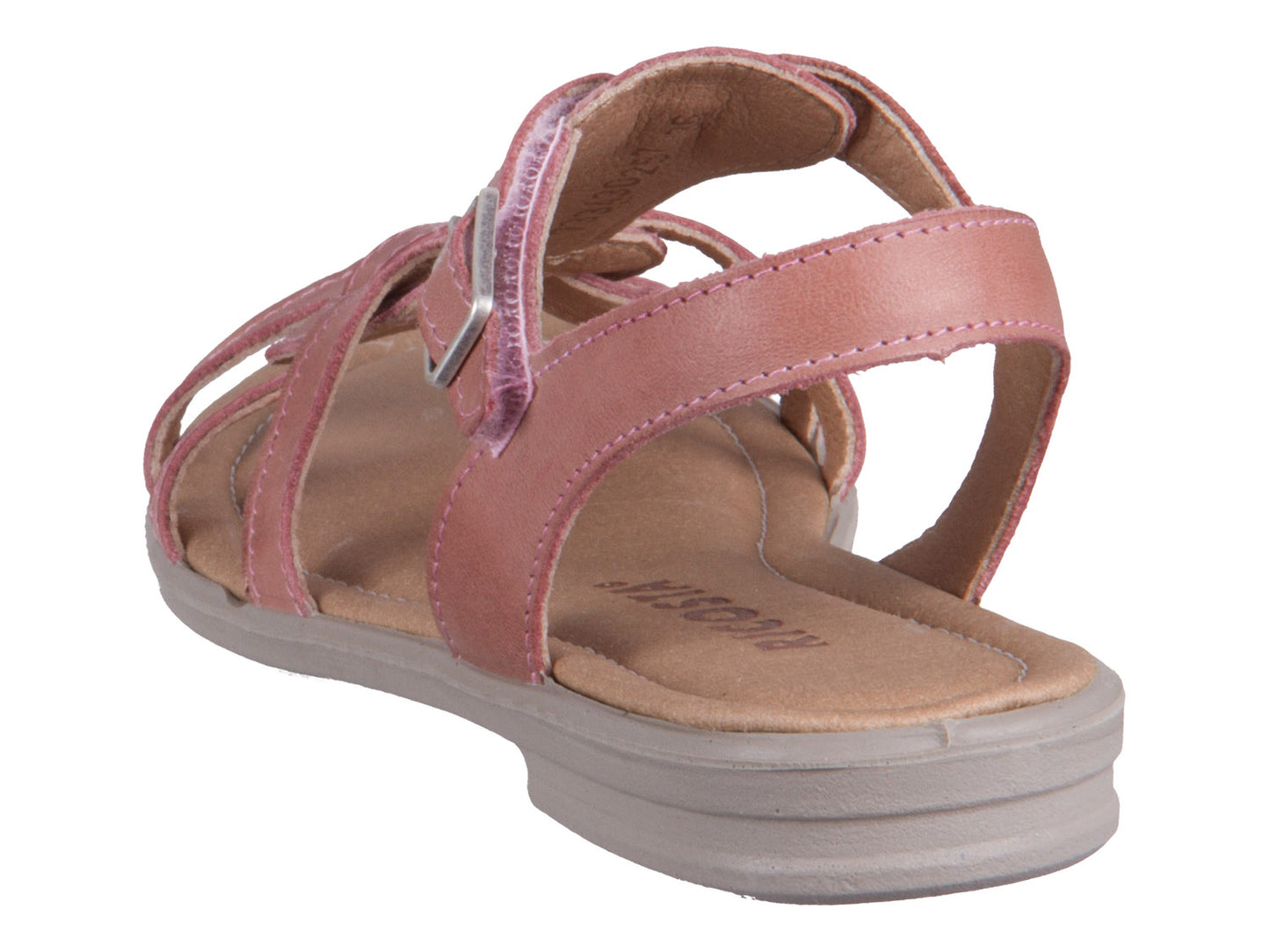 A girls open toe sandal by Ricosta, style Birte, in pink leather with velcro fastening. Back angled view.