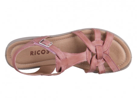 A girls open toe sandal by Ricosta, style Birte, in pink  leather with velcro fastening. Above view.