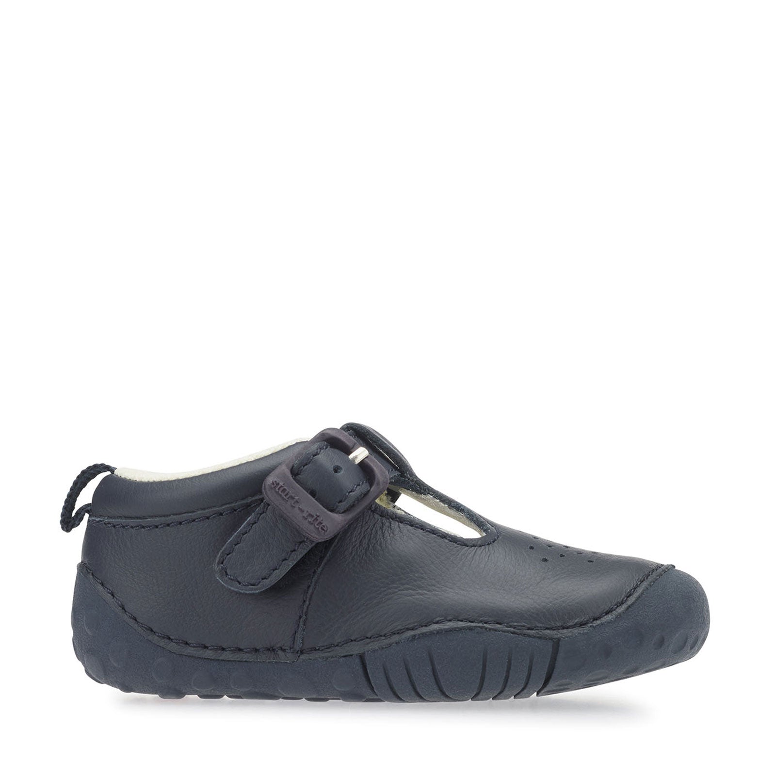 A boys T-Bar shoe by Start-Rite, style Baby Jack, in navy leather with punch out detail and buckle fastening. Right side view.