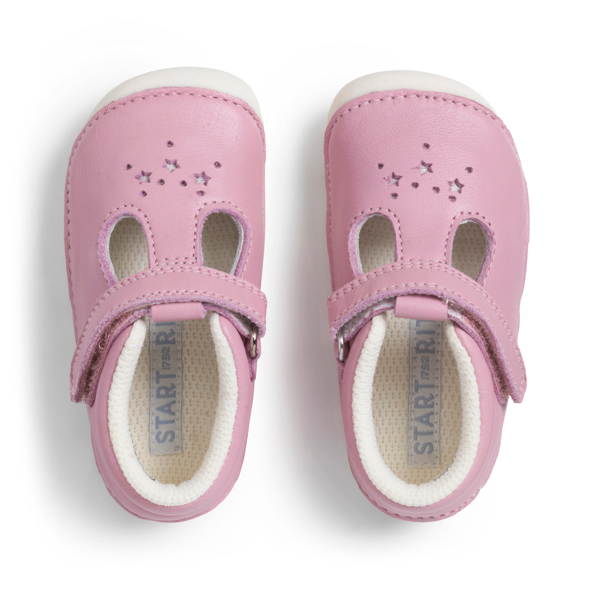 A girls pre-walker by Start-Rite ,style Tumble, in pink leather with velcro fastening. Top view of a pair.