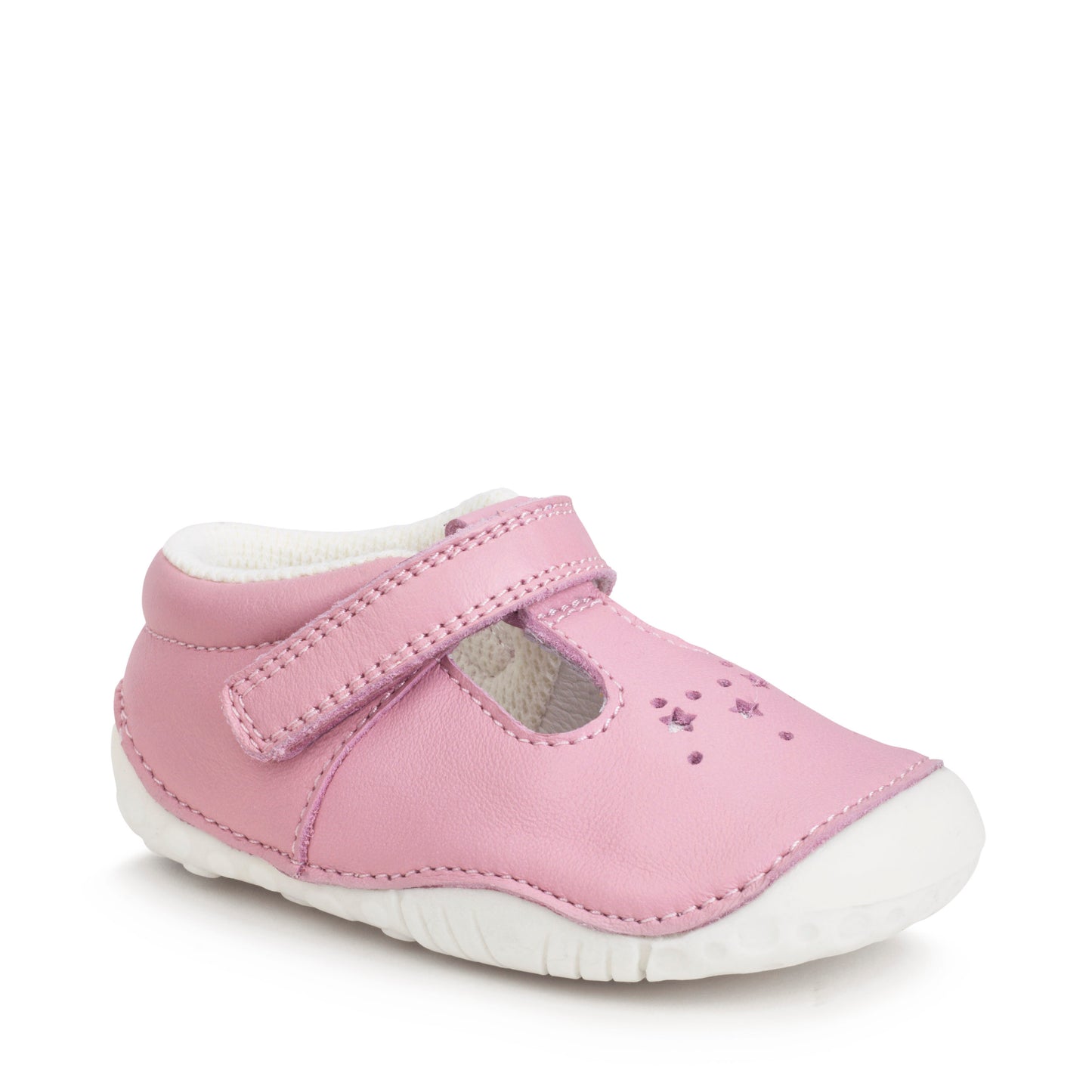 A girls pre-walker by Start-Rite ,style Tumble, in pink leather with velcro fastening. Angled view.