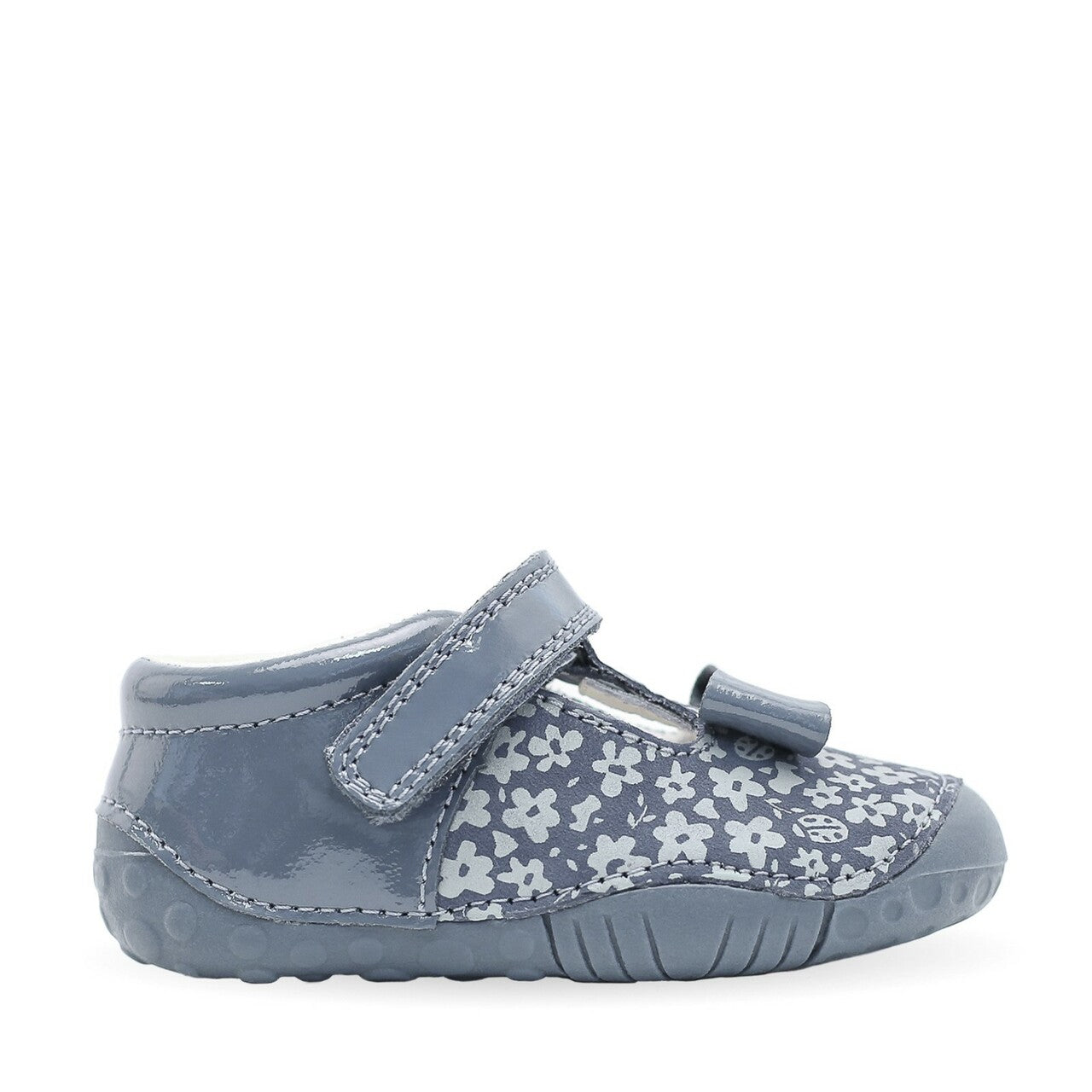 A girls T Bar pre walker by Start Rite, style Wiggle, in blue nubuck and patent leather with velcro fastening. Right side view.