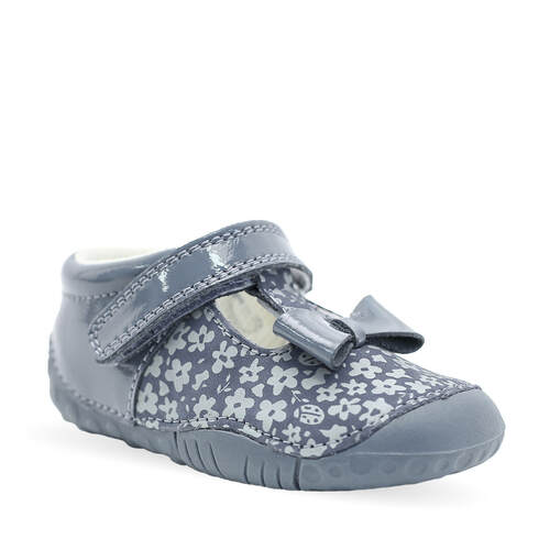 A girls T Bar pre walker by Start Rite, style Wiggle, in blue nubuck and patent leather with velcro fastening. Angled view.