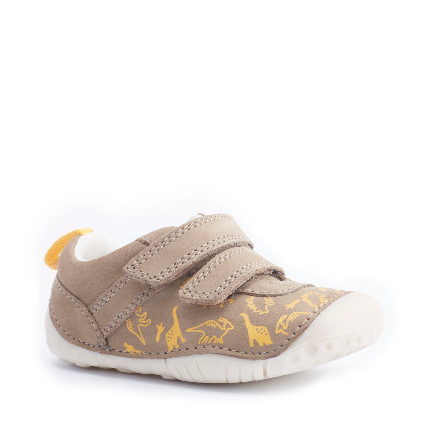 A boys pre walker by Start Rite, style Roar, in beige and yellow nubuck with double velcro fastening. Angled view.