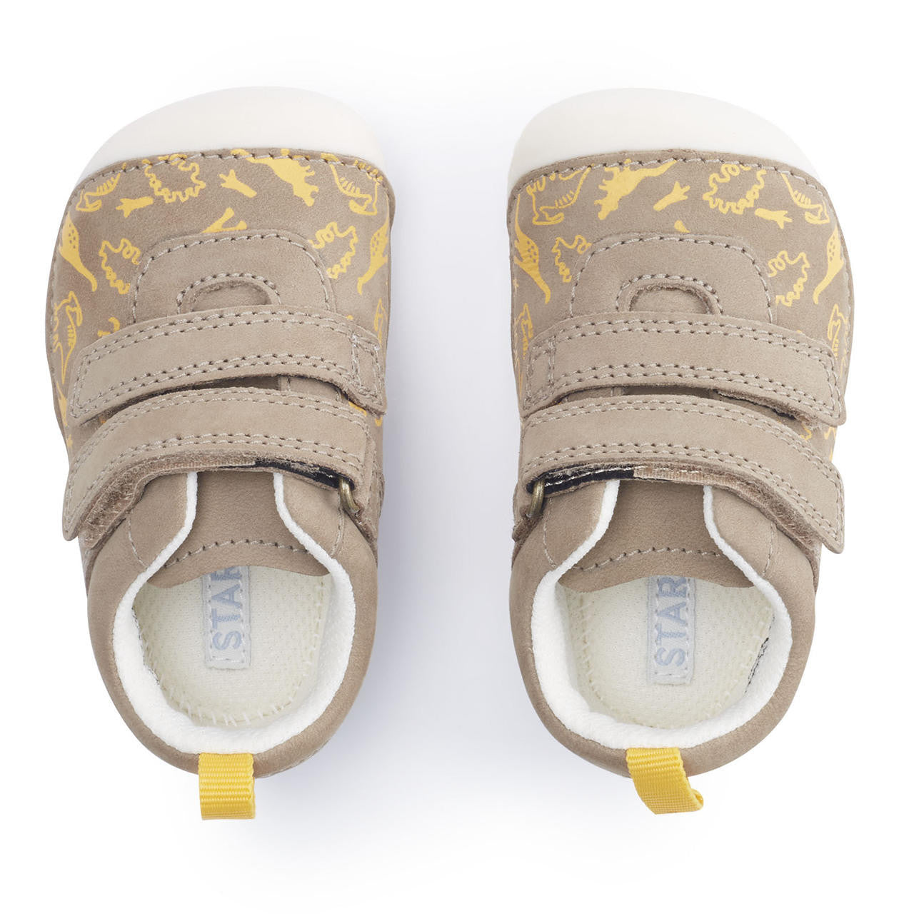 A pair of boys pre walkers by Start Rite, style Roar, in beige and yellow nubuck with double velcro fastening. Top view.