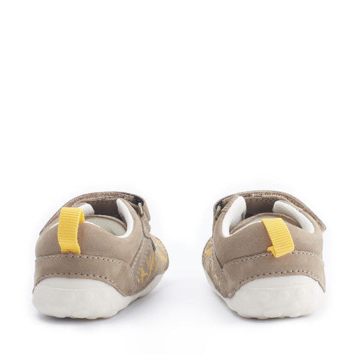 A pair of boys pre walkers by Start Rite, style Roar, in beige and yellow nubuck with double velcro fastening. Back view.