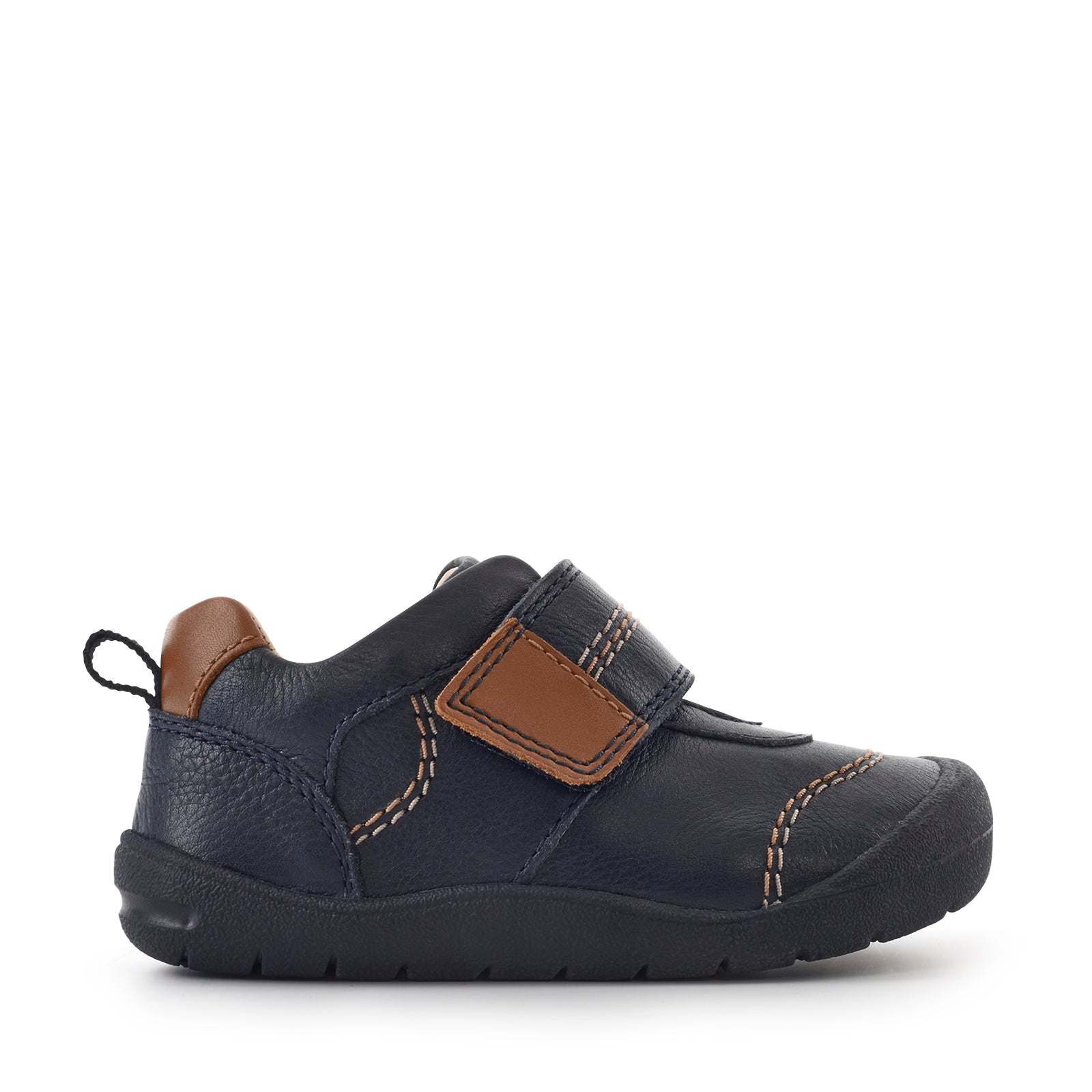 A boys first shoe by Start-Rite, style Footprint, in navy with tan trim and stitch detailing with velcro fastening. Right side view.