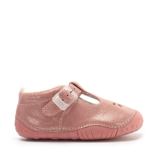 A girls pre-walker by Start-Rite, style Baby Bubble in coral glitter, with buckle fastening. Right side view.