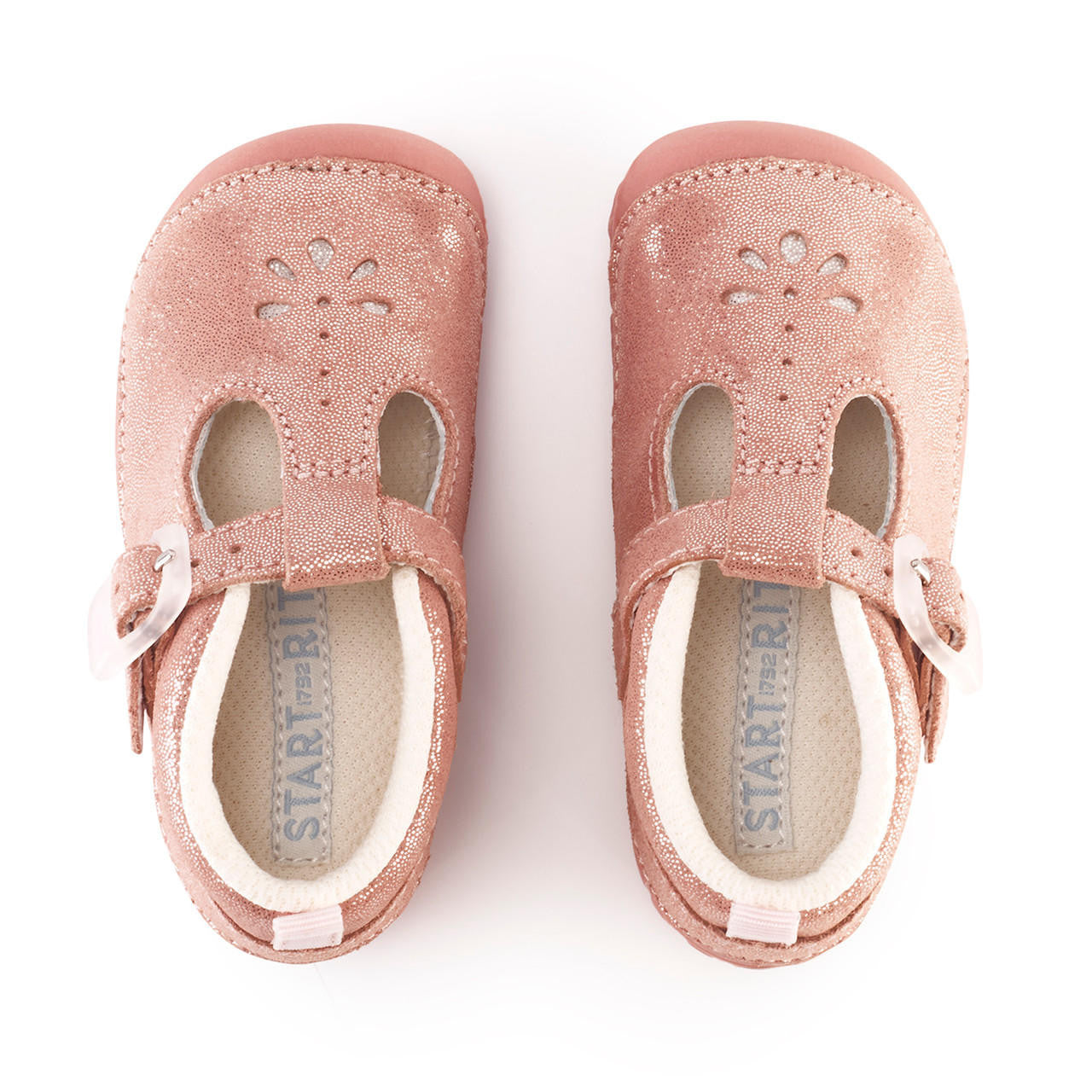 A girls pre-walker by Start-Rite, style Baby Bubble in coral glitter, with buckle fastening. Top view of a pair.
