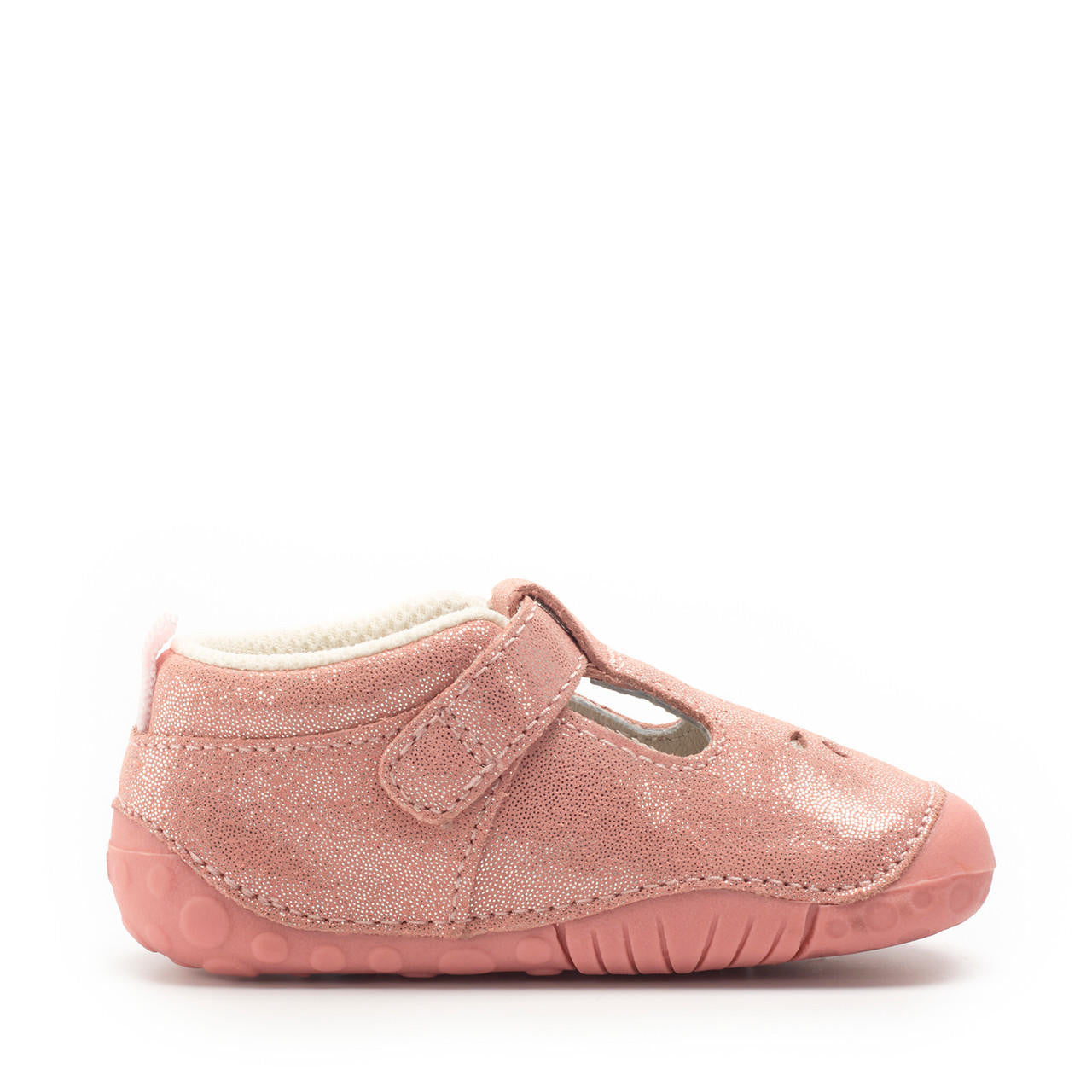 A girls pre-walker by Start-Rite, style Baby Bubble in coral glitter, with buckle fastening. Left side view.