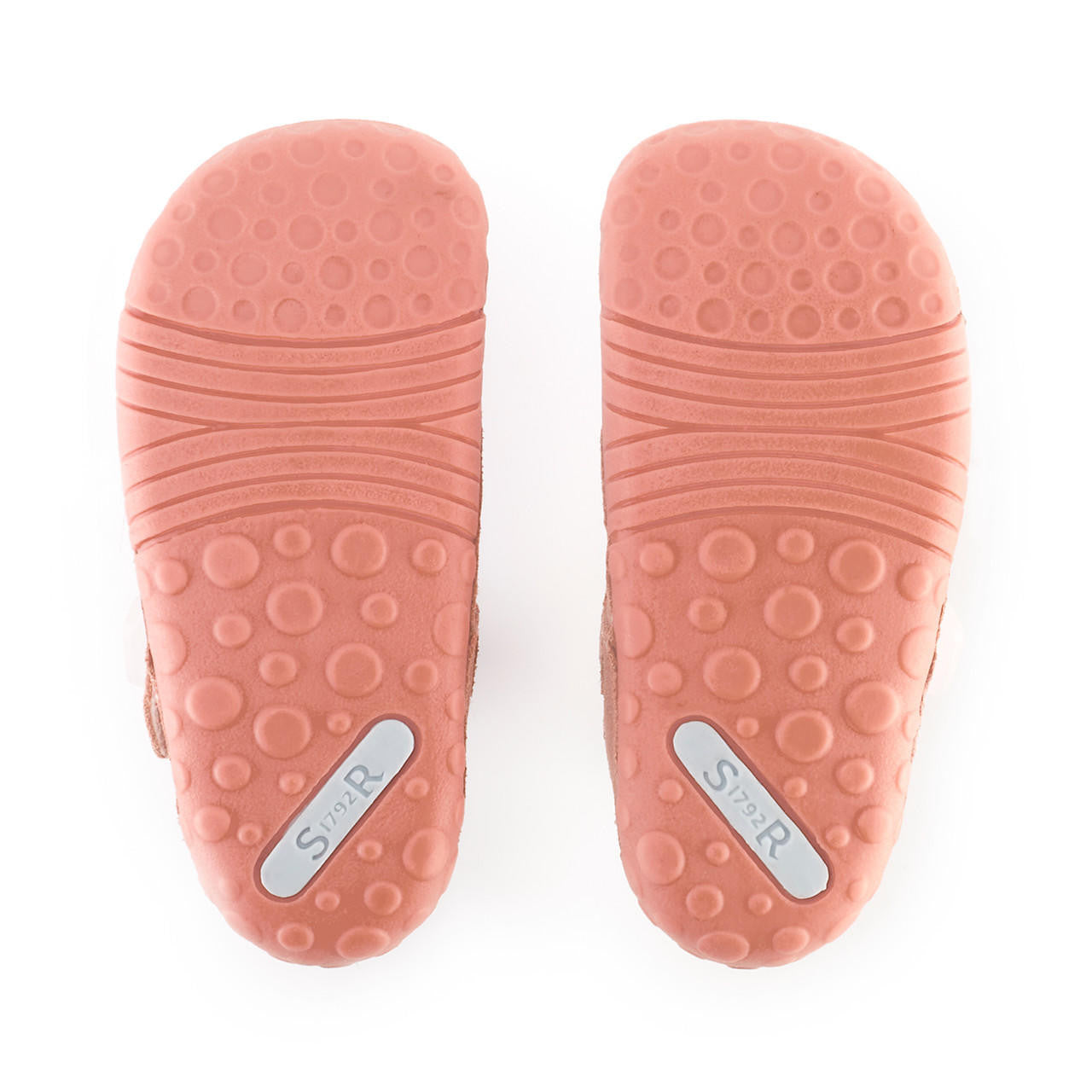 A girls pre-walker by Start-Rite, style Baby Bubble in coral glitter, with buckle fastening. Bottom sole view.