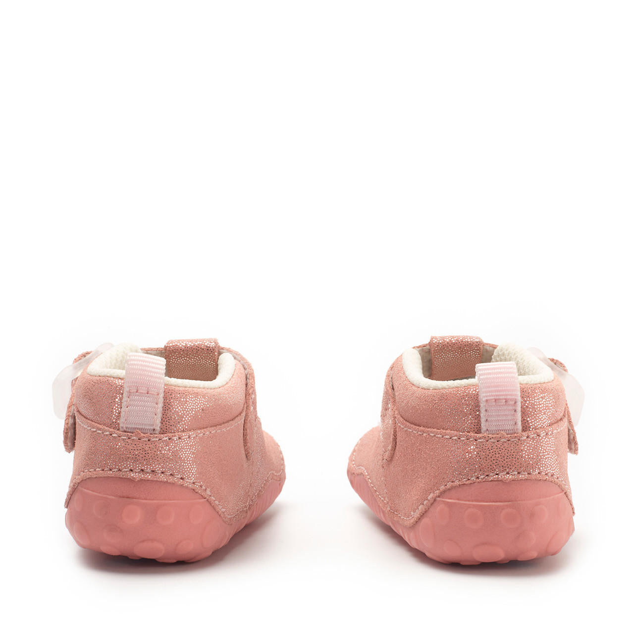 A girls pre-walker by Start-Rite, style Baby Bubble in coral glitter, with buckle fastening. Back view.