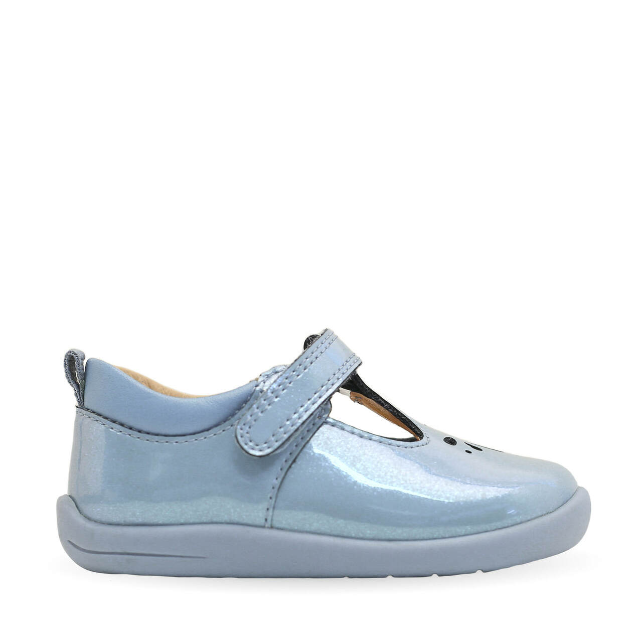 A girls T Bar shoe by Start Rite,style Puzzle, in blue with velcro fastening. Right side view.