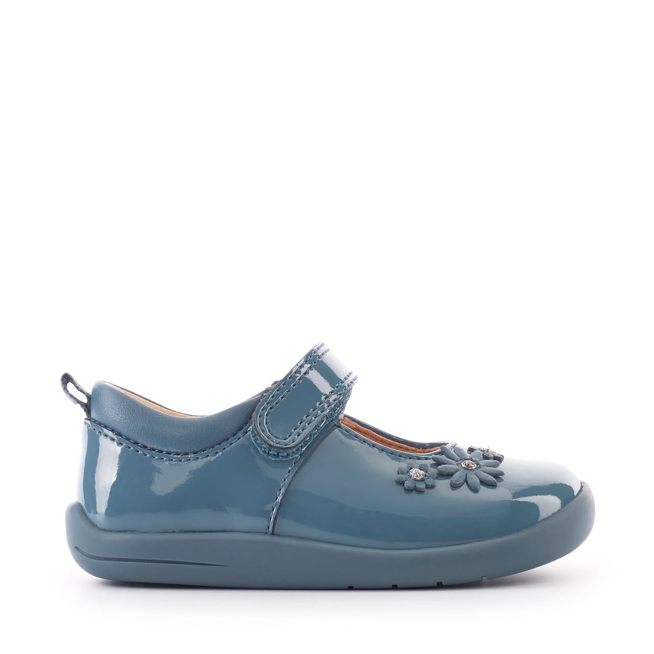 A girls Mary Jane shoe by Start Rite, style Fairy Tale, in pale blue patent with velcro fastening. Right side view.