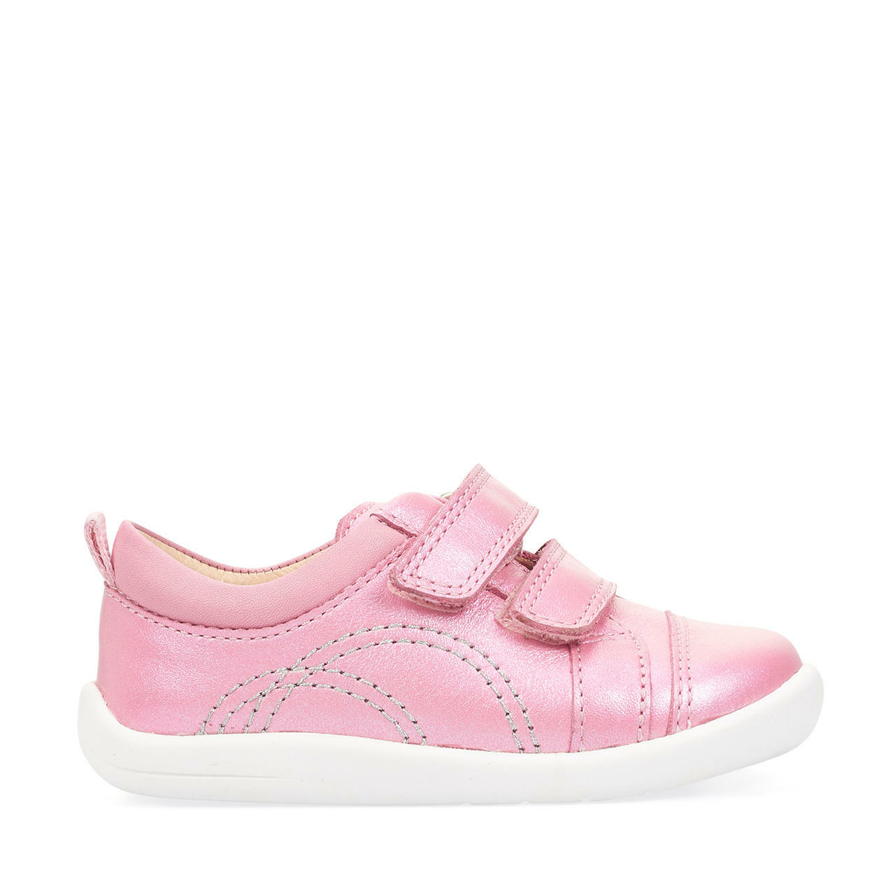 A girls casual shoe by Start Rite,style Tree House, in Pink leather with double velcro fastening.