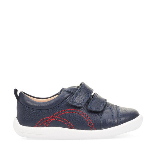 A boys casual shoe by Start Rite,style Tree House, in Navy leather with double velcro fastening. Right side view.